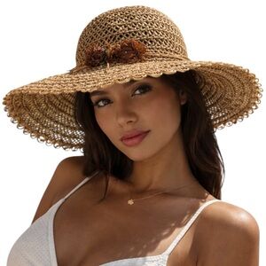 Wide Brim Straw Sun Hat Floral Summer Beach Boho Vacation Coastal Cottagecore
